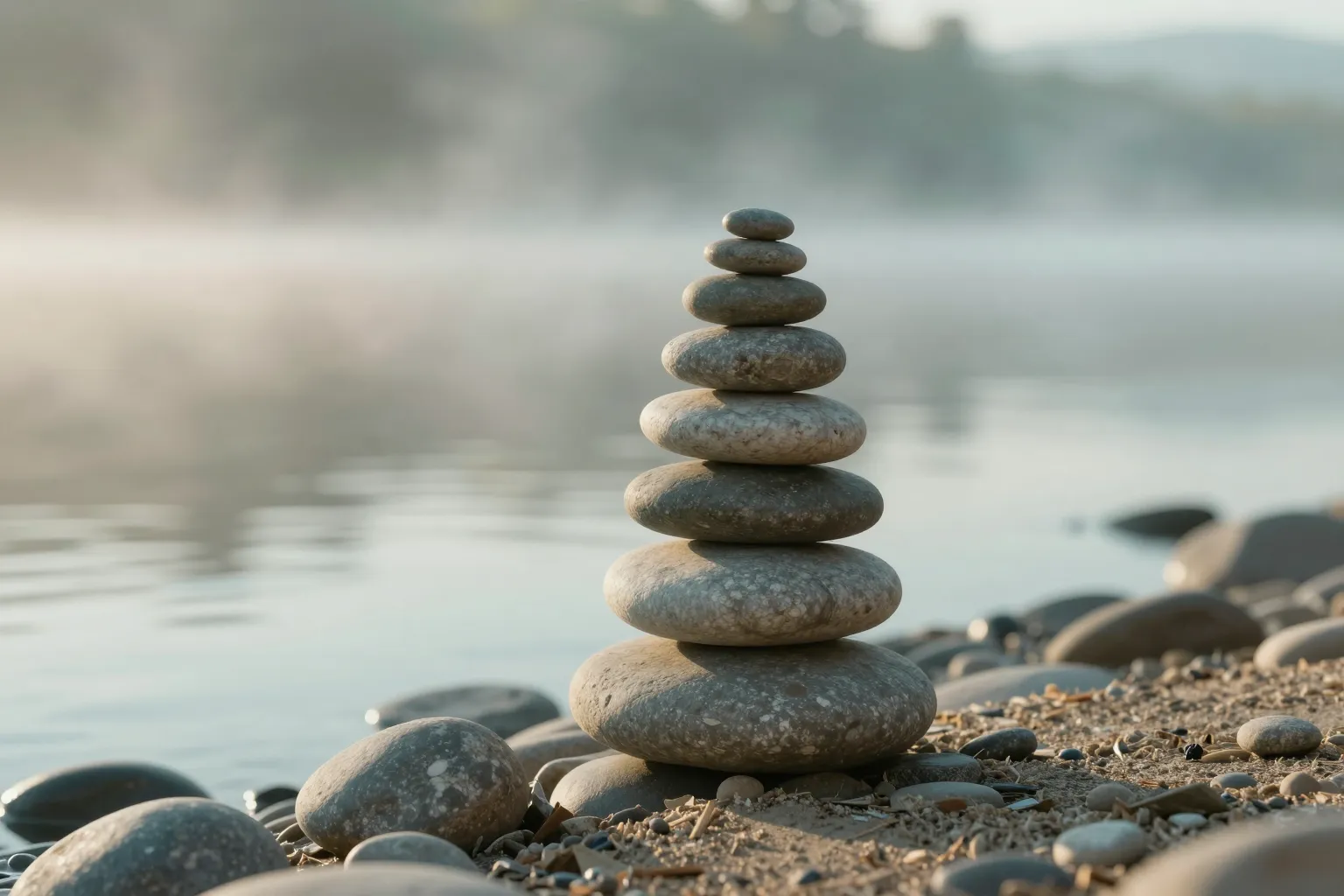 A balanced stack of river stones at the misty edge of a calm river at dawn.