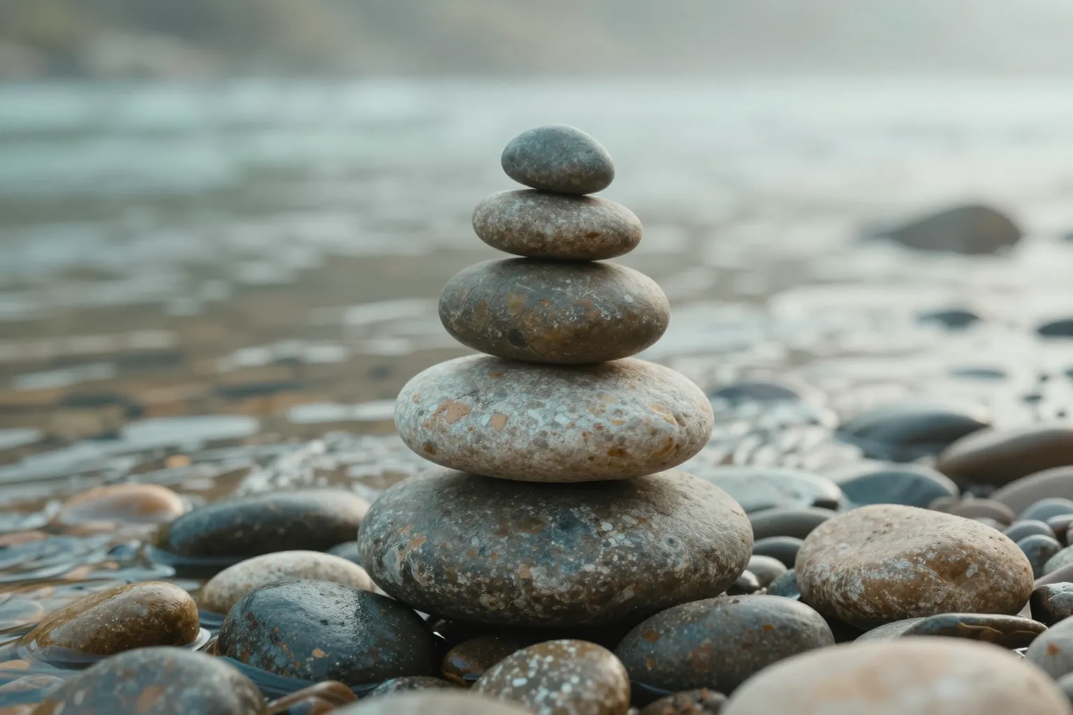 Balanced river stones beside flowing water.