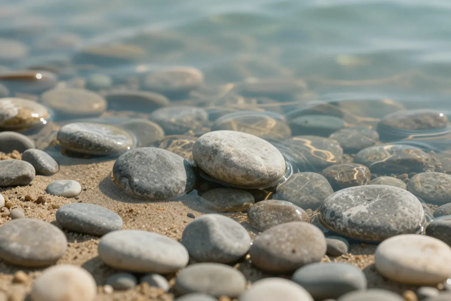 Smooth river pebbles resting beneath clear, gently flowing water.