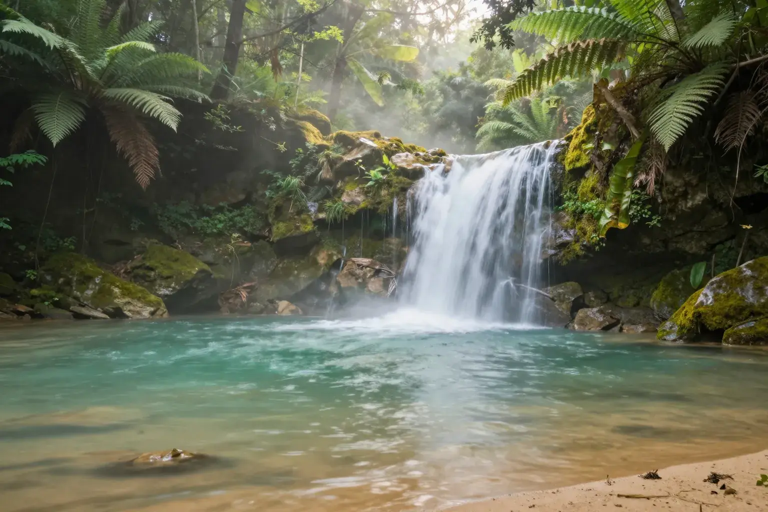 A gentle forest waterfall falling over mossy rocks into a calm turquoise pool, mist rising through ferns.
