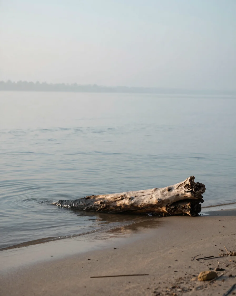 Quiet riverbank at dawn with polished driftwood resting near gentle water ripples, soft overcast morning light, peaceful