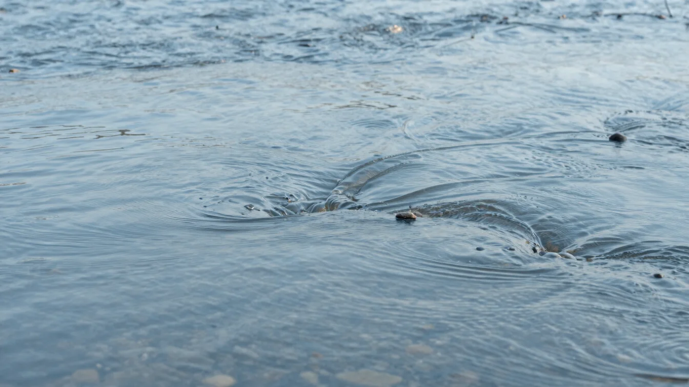 Close-up detail of gentle flowing water ripples over smooth river gravel, soft diffused daylight, quiet slate blue water