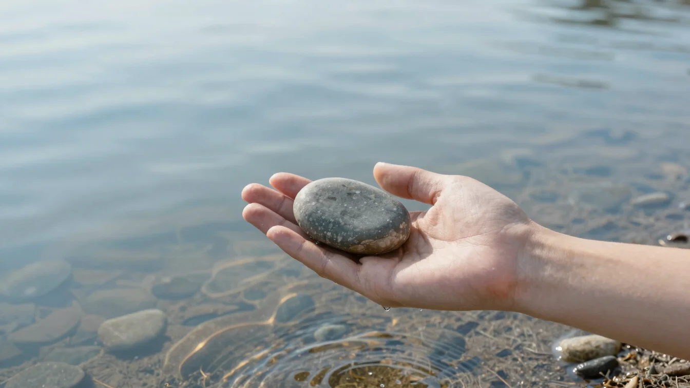 Hand holding a smooth river stone over clear water, serene morning sunlight refractions, quiet sand and stone textures