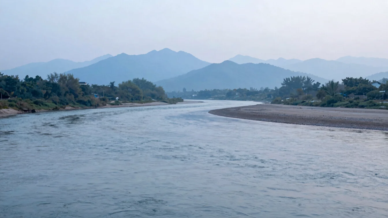 Calm open vista of a gently winding river current at dawn, misty slate blue mountains in the soft background