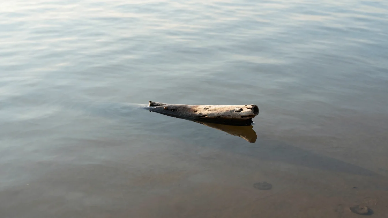 Intimate overhead view of calm water refractions, with a single p
