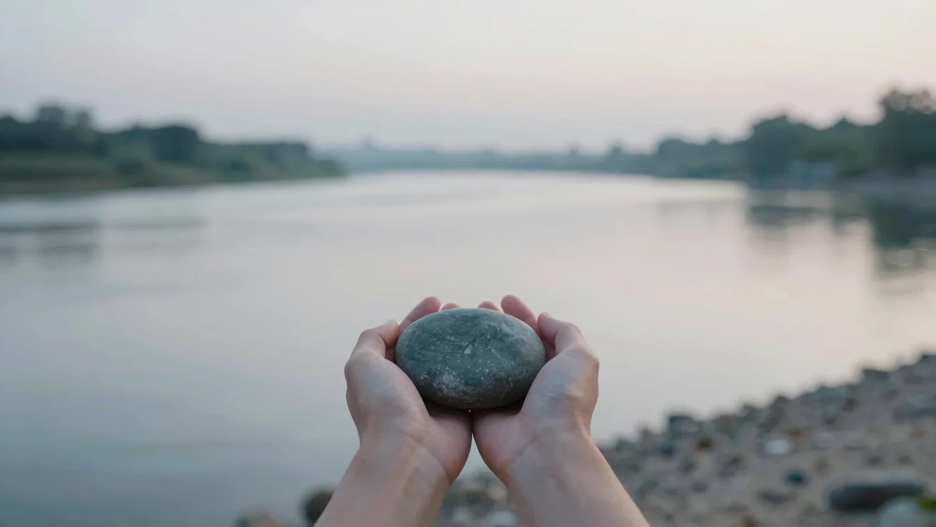 Contemplative hands gently holding a river stone, quiet riverbank